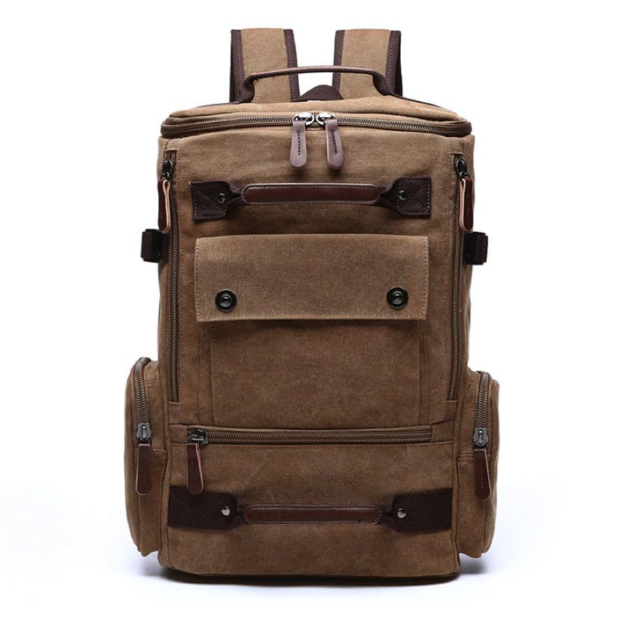 Mochila Masculina Resistente De Lona Com Detalhes Em Couro Para Notebook Bolsa Escolar Tática De Viagem Camping Trabalho