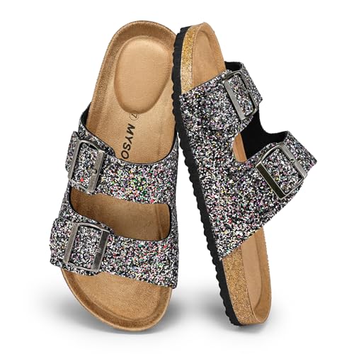 mysoft Womens Flat Sandals Cork Footbed Slides with 2 Straps