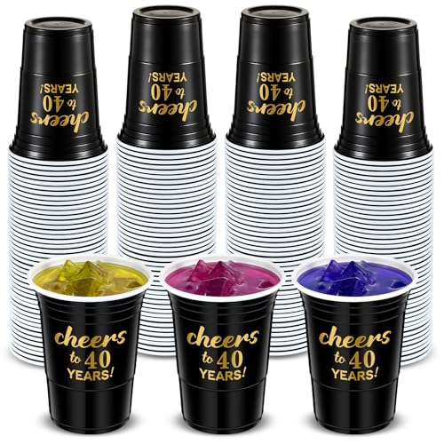 Suttmin 50 Pcs Cheers to 40 Years 16 oz Birthday Party Disposable Cups Black Gold Plastic Tumbler Cups for 40th Birthday Squad Tumblers for Wedding Anniversary Supplies Decorations