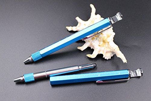 2PCS PACK 7 in 1 Multi-function Metal Tool Pen with Ruler,Ballpoint Pen,Phone holder,Stylus,2 Screw Driver and Opener, Multifunction Tool pen Fit for Mens Gift (Model C, 2PCS LIGHT BLUE)
