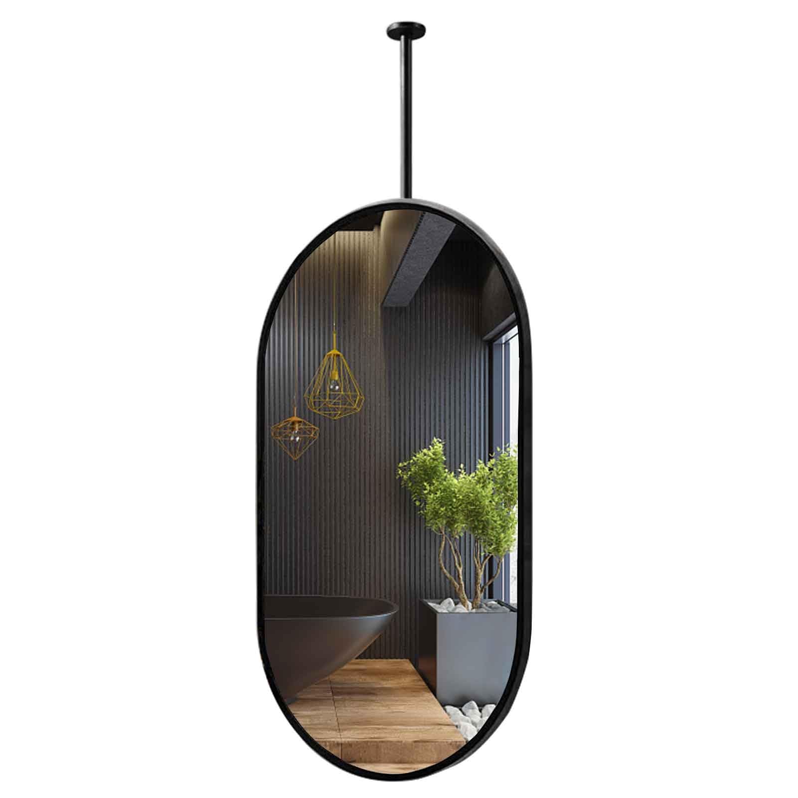 FGXHHS Ceiling Mount Mirrors for Bathrooms Suspend Black Oval Metal Framed HD Mirror a Window Vanity Make-up - Rod Customizable(50cmx100cm)
