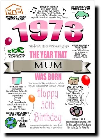 Personalised 50th Birthday Card for Women, Any Name Inserted, Memories & Facts From Year of Birth 1973, 50th Birthday Cards For Mum Daughter Wife Girlfriend Sister Aunt Grandma Female Her