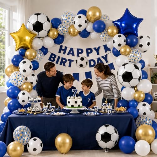 Image of Soccer Balloons, Royal Blue Gold Balloon Sport Theme Birthday Party Balloon