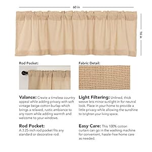 Vhc brands burlap vintage window curtain topper valance beige 16×60  urban country home decor