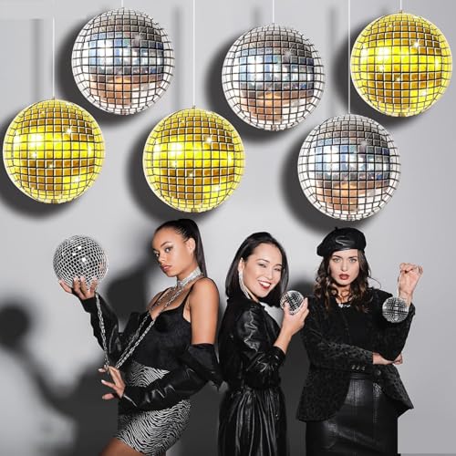 Image of 6 pcs 22Inch Disco Ball Ballons, 4D Large Foil Balloons for 70s Disco Dance Birthday Graduation New Year (Silver /Gold Disco Ball 6pcs)