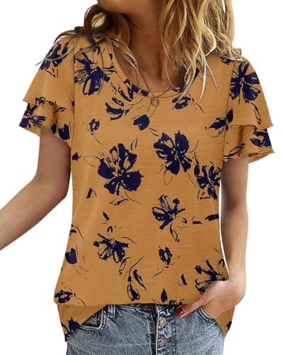 CRAZY GRID Women's Shirts Summer Casual Crewneck Ruffle Short Sleeve Blouses Cute Floral Print Tunic Tops