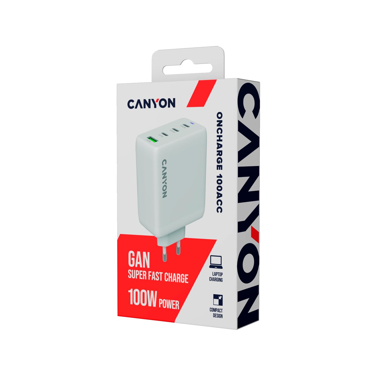 CANYON OnCharge 100ACC - Caricatore da parete GaN da 100 W, 3 porte USB-C PD e 1 porta USB-A QC, adattatore di alimentazione UE a ricarica rapida a 4 porte, tecnologia PPS, bianco