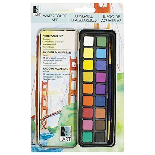 Art Alternatives Pocket Watercolor Set of 18 Half Pans of Brilliant Transparent Paint and 1 Round Brush
