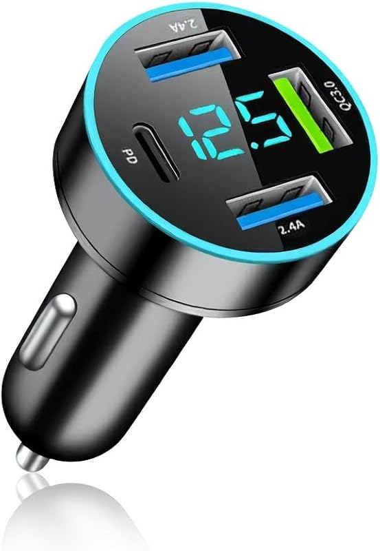 4-in-1 PD/QC3.0 Fast Car Charger,Universal Car Phone Charger Cigarette Lighter USB Chargers with Blue LED & Voltmeter for Car Truck SUV(QC3.0+PD+2.4A+2.4A)