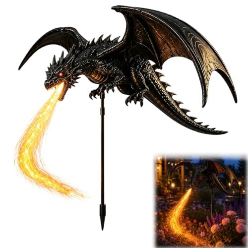 Solar Dragon Fire Garden Stake Light, Solar Powered Dragon Figurine with Breathing Flame Fiber Optic Lights, Waterproof Outdoor Decor for Lawn Pathway Flower Bed Patio Yard Holiday Landscape