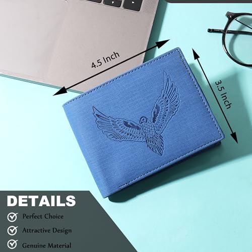 Image of VEMILIO Vegan Leather Wallet for Men | Eagle Print Embossed Premium Bifold Wallet | 3 Card Slots | 2 Cash Compartments | 1 Coin Pocket & 2 Secret Slots | Stylish, Durable & Gift for Men (Eagle, Blue)