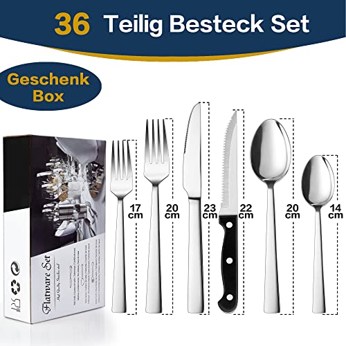 Herogo Bestekset, 36-delig, roestvrij staal, met steakmes, zilveren bestekset voor 6 personen, elegante messen, vork, lepelsets voor thuis, restaurant, vaatwasmachinebestendig en roestvrij - Image 3