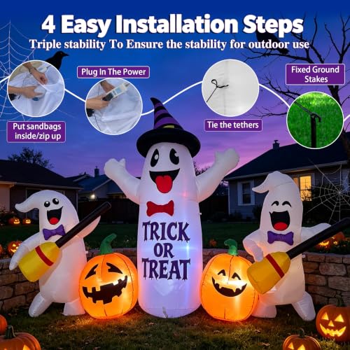 Image of 8FT Halloween Inflatable Ghosts with Broom & Pumpkins, LED Yard Decor