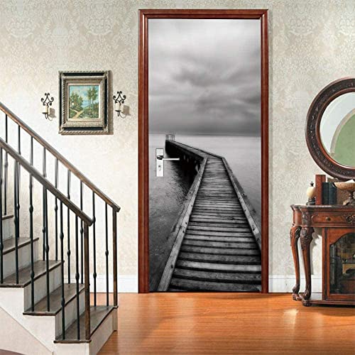 Décoration murale pont en bois gris avec affiche porte 3D PVC - 3