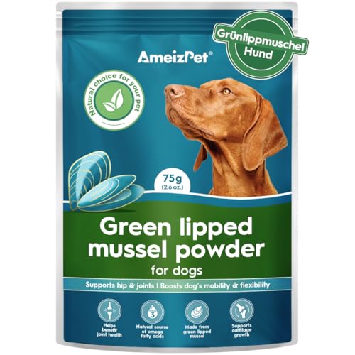 AmeizPet Grünlippmuschelpulver Für Hunde Knochenschutz und Gelenkpulver für Hunde Mobilitätsförderndes Nahrungsergänzungsmittel mit Glucosamin Omega-3 mit Grünlippmuschel Hund 75 g (2.6 Oz.)