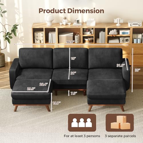 Image of Vesgantti 97 inch Modular Sectional Sofa Black, U-Shaped Couch with Movable Ottoman, Comfy Corduroy Couch with Spring Cushion, Modular Sofa with Deep Seat for Living Room, Bedroom and Apartment