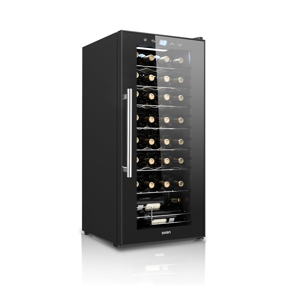 SVAN Vinoteca 32 Botellas Negro SVN3200S. 65W, Display LED táctil, Pantalla Digital Exterior, 8 Rejillas Metálicas, Clase de Eficiencia Enérgetica G