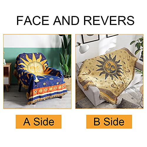 Sonne und Mond Tagesdecke mit Fransen,Doppelseitig Baumwoll Gewebt indianer decke 130X 180CM - Eignet Sich als Couchdecke bettüberwurf Sesseldecke und auch als sofaüberwurf,Gelb/Blau - Image 6