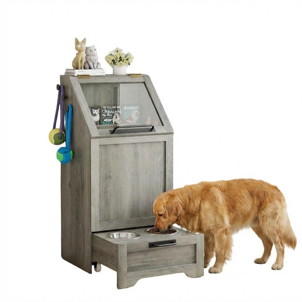 IDEALHOUSE Estación De Alimentación para Perros con Armario De Almacenamiento 11kg - Cuencos Elevados De Acero Inoxidable y Depósito Hermético con Tapa Abatible - Madera para Salón o Cocina (Gris)