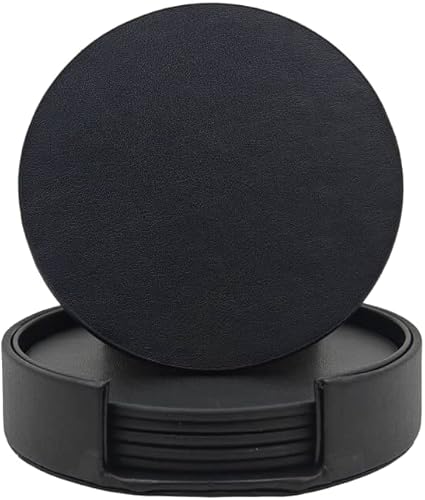 Miniatura 1 de Posavasos negros para bebidas, juego de 6 posavasos de cuero con soporte para posavasos, perfectos para mesa de café y escritorio de oficina (negro)