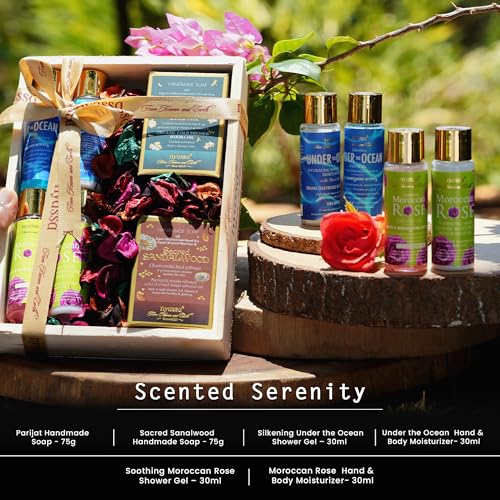 Image of Nyassa Luxury Scented Serenity Wooden Gift Box Gift Set Pack of 6 | Shower Gel, Hand & Body Moisturizer & Handmade Soap | Raksha Bandhan Gift Hamper for Brother, Sister & Family | 100% Vegan