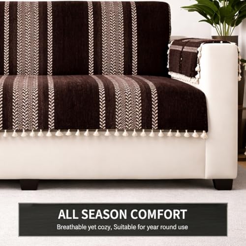 Image of STITCHNEST Chenille Printed Sofa Cover 3 Seater with 2 Hand Rest Covers - Washable Brown Sofa Cover with Tassels - Durable Premium Fabric - Stylish Sofa Protector for Living Room & Furniture Decor