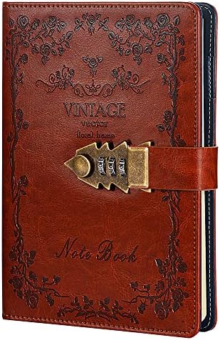 NectaRoy Lockable Diary Lock Journal, PU Leather Cover Writing Notebook Planner, Wire Binding Lined Daily Travel Journal with Lock, Password Notepad with Pen Holder, Size 215x150mm