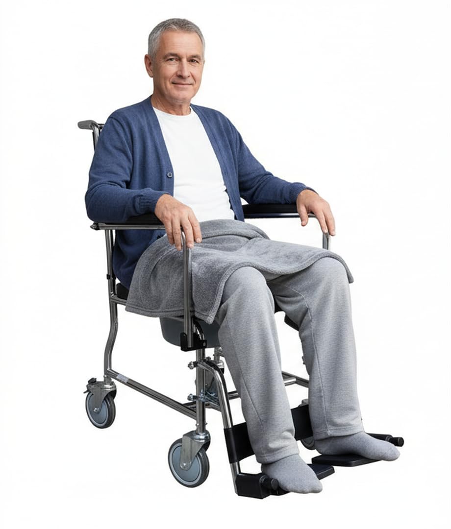 Ausilium Sedia Comoda WC per Disabili e Anziani con Incavo Frontale Igienico - Braccioli Ribaltabili, Pedane Estraibili e Regolabili - Telaio in Acciaio Robusto, Portata 100 kg, Seduta Imbottita