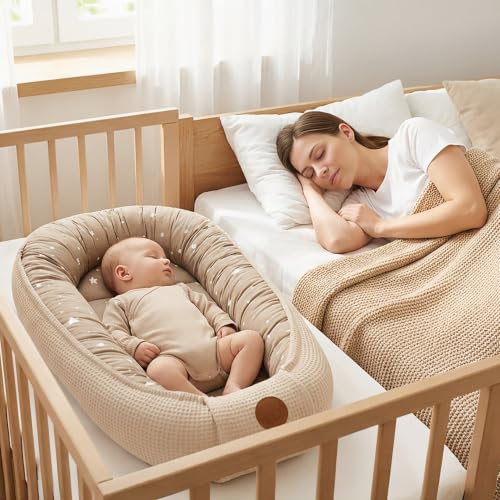 Babynest Neugeborene Nestchen Baby 90x50 cm - Kokon Handmade zweiseitig aus Baumwolle Waffel mit Babynestchen Tiere Blau – Ansicht 6