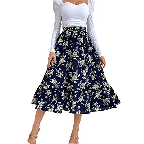 Faldas Maxi para Mujer, Faldas Florales con Hendidura con Volantes Casuales para Mujer, Longitud a Media Pierna, Elegante, Cintura Alta, una línea, Cintura elástica, Vest (Azul Marino, X-Large) Cover