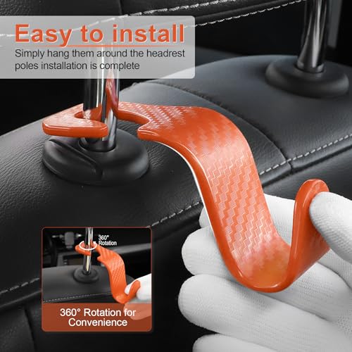 Image of LivTee Car Purse Hook, 4 Pack Universal Auto Seat Headrest Hook Hangers Organizer for Coats, Umbrellas, Groceries - Carbon Fiber Orange