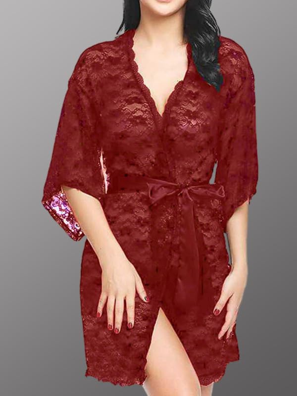 Image of Women's Sheer Lace Babydoll Lingerie Set, Floral Printed Nightdress with Panty, Net Lace Robe and Bikini Set, 4-Piece Nightwear Set