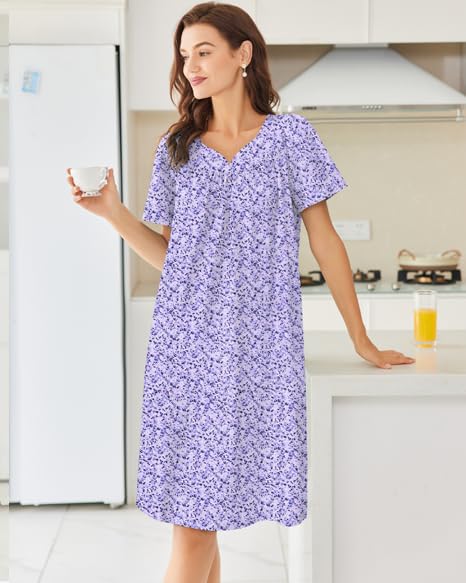 Image of Ekouaer Moo Moos for Women House Dress With Pockets Cotton Nightgowns Short Sleeve Night gowns Embroidered Mumu Dress