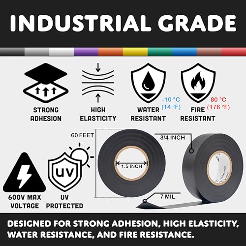Image of TradeGear Rainbow Glossy 10 Pack - UL Listed Colored Electrical Tape, 60 ft x 3 /4 in, 600V, Flame Retardant, Waterproof, Rubber Adhesive - Phase Marking & Wire ID Kit