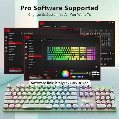 Image of Redragon K710 Wireless Typewriter Mechanical Gaming Keyboard, Bluetooth /2.4Ghz /Wired, RGB Led Backlit, Blue Switch - Clicky, Rechargeable, Solid Metal Panel, Round Keycaps, Green
