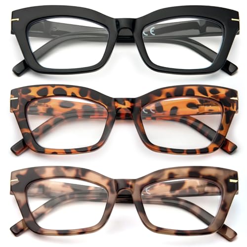 kollyseek 3 Pack Occhiali da Lettura Cateye Donna Retrò anti-blu Comodi e Alla Moda Grande Cat Eye,1.0 1.5 2.0 2.5 3.0 3.5 Nero, tartaruga, marrone 2.5