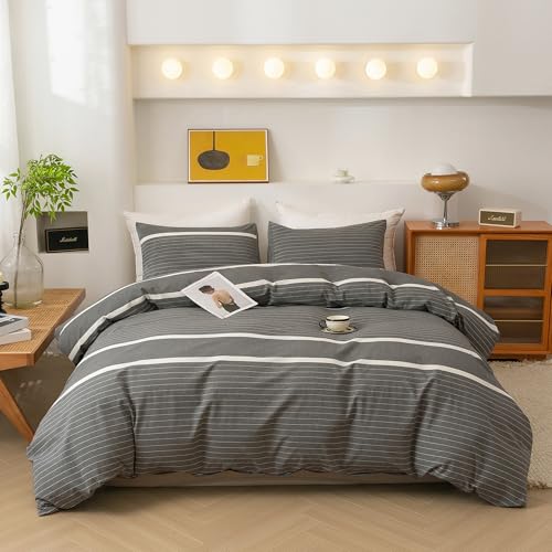 ECOCOTT Grey Striped Duvet Cover Oversized King Size, 100% Washed