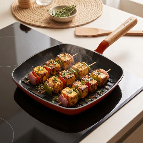 Image of CUMIN CO. Cast Iron Grill Pan | 24 cm, 1.2L | Induction Base Cookware | 10 Year Warranty | Non Toxic Non Stick Pan for Kebab and Tikkas | Chemical Free Coating | Grill Safe | Color: Rust