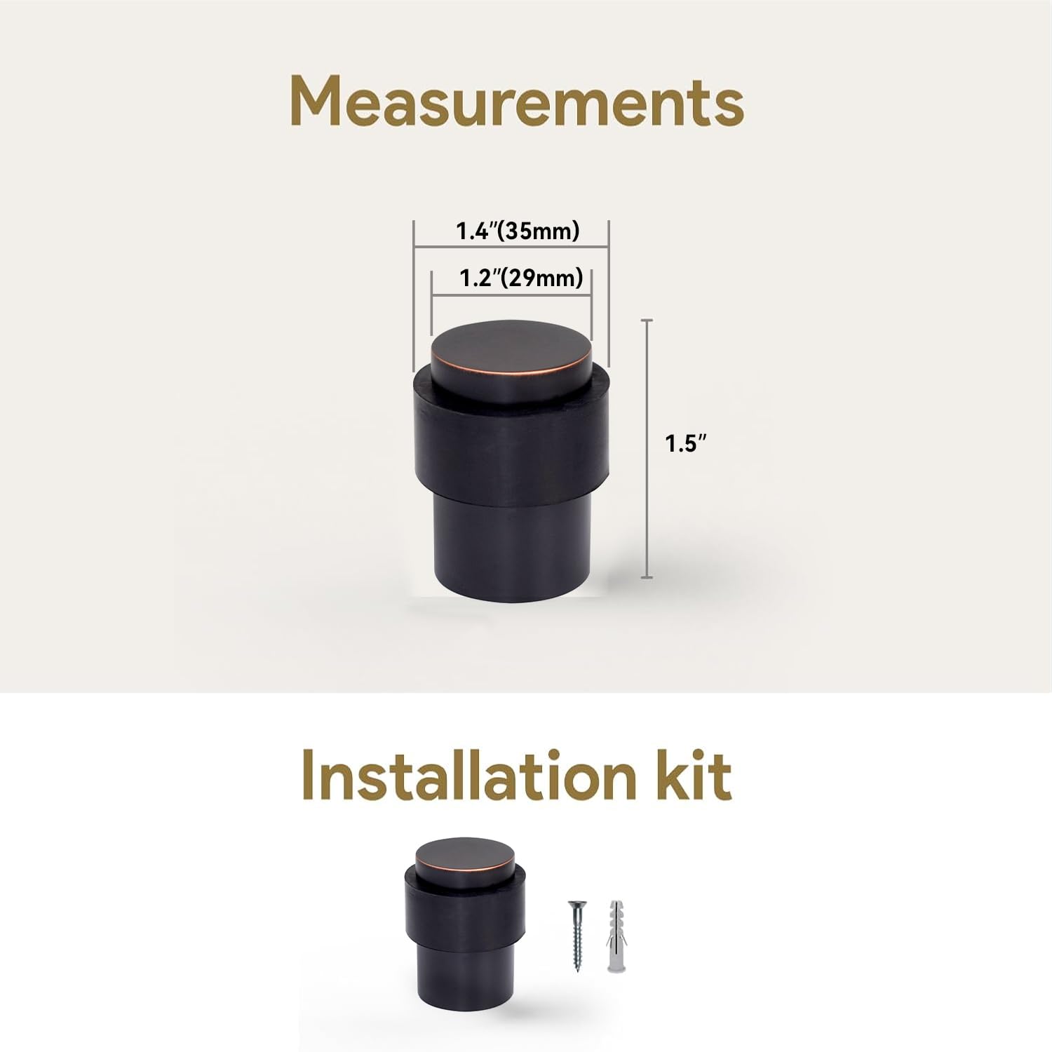 KHTUMEWARE 3801 cylindrical floor door stop dimension diagram, 1-1/2 in (38 mm) overall height, 1.38 in (35 mm) max diameter, Oil Rubbed Bronze.
