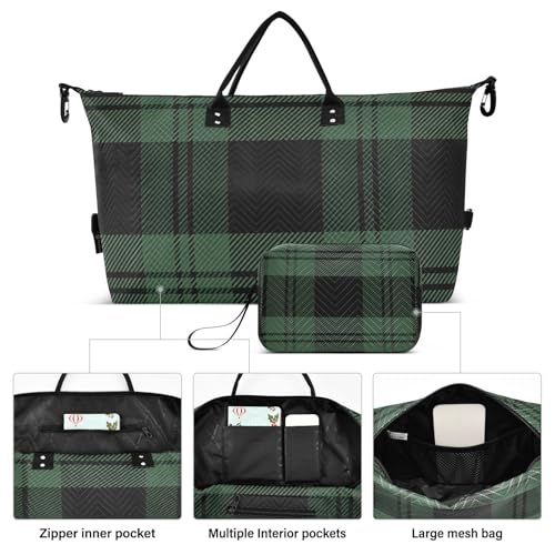 OTVEE Christmas Green Tartan Plaid Travel Gym Duffel Bag Quilted Weekender Bags Carry on Overnight Tote Bag for Women Men2