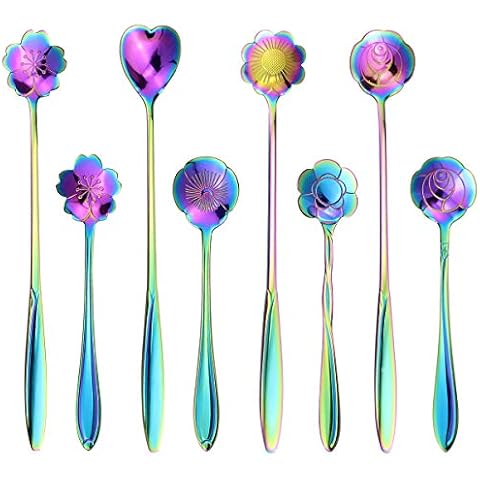SelfTek 8 Stück Regenbogen Löffel 2 Verschiedene Größen Blumen Löffel Set Edelstahl Löffel bunt Regenbogen Kaffee Rührlöffel Kaffeelöffel Set für Kaffee, Zucker, Eistee,Marmelade und Dessert Cover