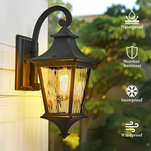 Image of Outdoor Wall Lights 21 Inch Large Size Exterior Porch Lights Wall Mount with Water Ripple Glass Black Outdoor Porch Light for Houses E26 Socket Downward Installation