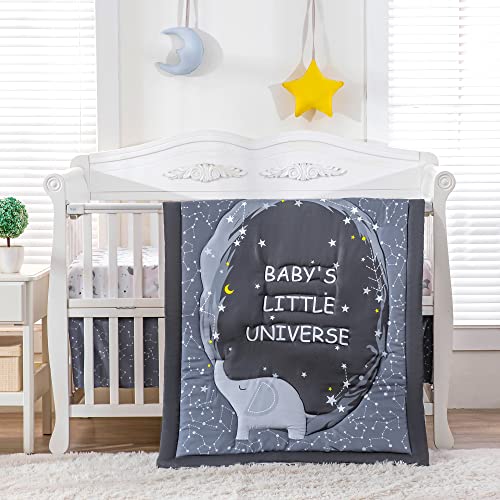 Image of Jupeollon 3Piece Baby Crib Bedding Set for Boys Elephant Moon Star Themed Nursery Bedding Crib Sets for Boys Soft Breathable Included Comforter Fitted Sheet Crib Skirt,Grey