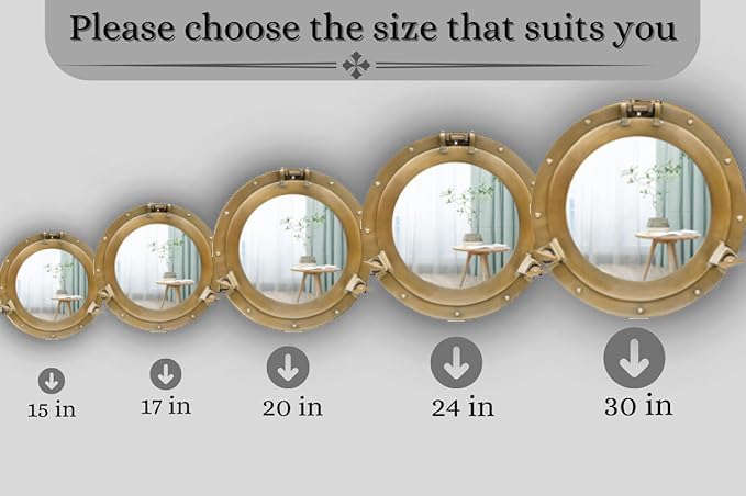 Bullauge-Spiegel und Fenster aus Aluminium mit Schiffen – nautischer runder Wandspiegel mit robustem Rahmen für Badezimmer, Wohnzimmer und Außenbereich (Golden, Mirror, 30 inch) – Bild 5