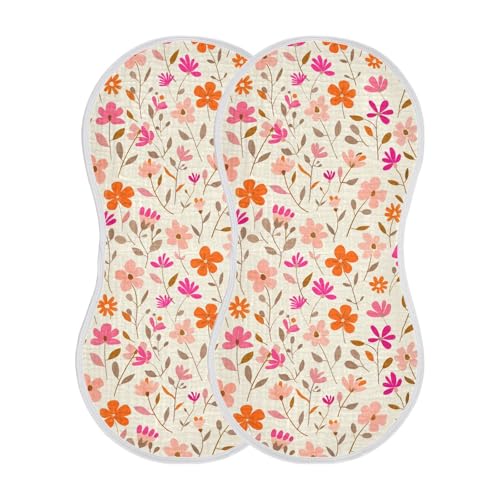 Small Flowers Foliage Pattern Pink Orange Light Beige Cotton Soft Burp Cloths Easy Care Milk Spit Up Cloth for Babies boy and Girl Set of 2, 22x11in