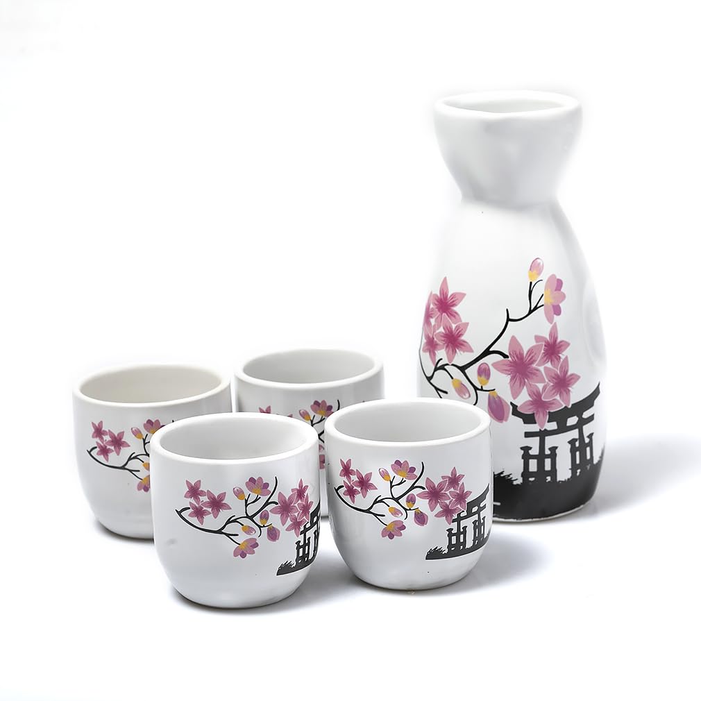 lachineuse - Servizio tradizionale per sake - Pagoda e fiori di ciliegio - con 4 ciotole e caraffa - Regalo per piatti asiatici - Servizio sake tradizionale porcellana Giappone - Idea regalo Asia