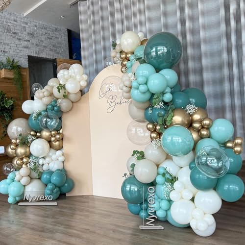 158PCS Teal Balloons Arch Garland Kit Turquoise Sand White Metallic Gold Balloons for Summer Beach Baby Shower Bridal Shower Wedding Birthday Party Decorations