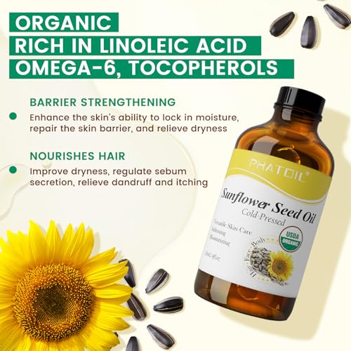 Image of PHATOIL Organic Sunflower Seed Oil for Skin 118 ml (4 fl.oz), USDA Certified Organic, Cold Pressed Sunflower Oil in Glass Bottle for Hair, Body Moisturizer, Carrier Oil for DIY, Massage