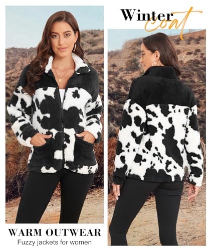 EARKOHA Womens 2025 Winter Coat Cow Print Fashion Zip Up Faux Fur Sherpa Jacket Warm Fleece Oversized Outwear with Pockets2