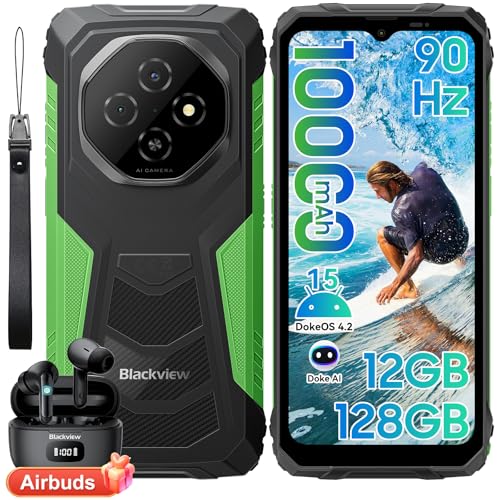Blackview Fort 1 Rugged Phone Android 15,10000mAh Battery 12GB+128GB 2TB Expand Rugged Smartphone Unlocked, Gemini AI 6.56 Inch 90Hz, 4G T-Mobile Dual SIM IP69K Waterproof, Fingerprint/NFC/OTG/GPS